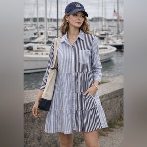 Crown & Ivy Tiered Button Front Stripe Shirt Dress Blue White PXL 97% Cotton
